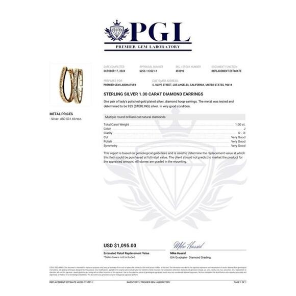 1.00 Carat Natural Diamond Hoop Earrings Gold Plate over Sterling Silver - Picture 10 of 11
